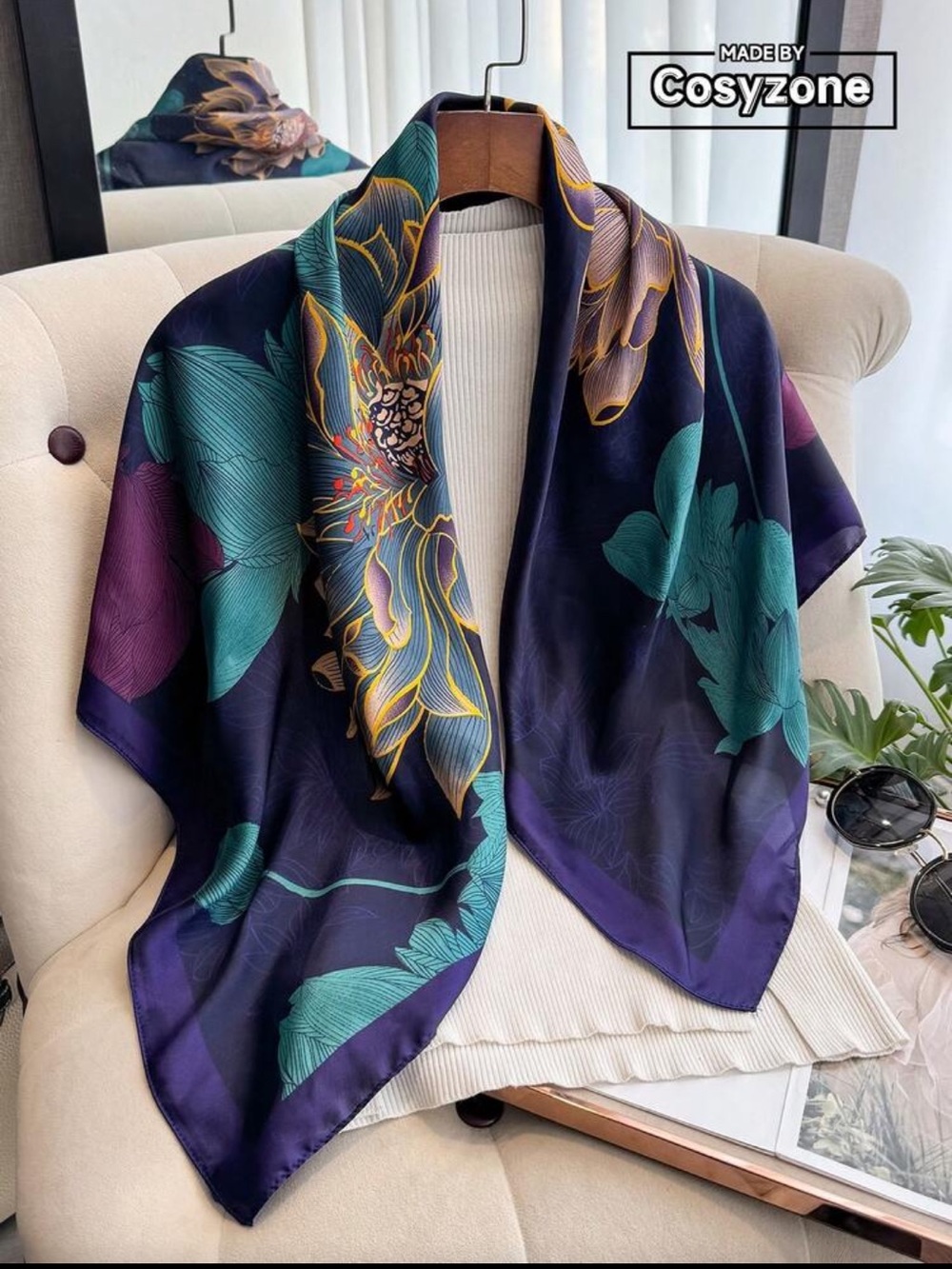 Luxury Floral Navy Blue Silk Scarf - Women Accessories